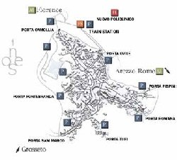 Schematic Map of Siena showing car parks, highway and train station